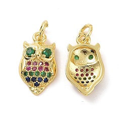 Real 18K Gold Plated Brass Micro Pave Colorful Cubic Zirconia Pendants, with Jump Ring, Owl Charms, Real 18K Gold Plated, 16x9x3mm, Hole: 3.5mm
