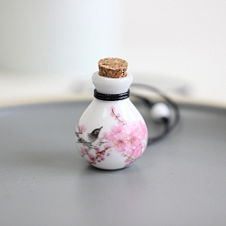 Pink Porcelain Flower Pattern Perfume Bottle Pendant Necklace, Essential Oil Vial Jewelry for Women, Pink, 18.50~27.56 inch(47~70cm)