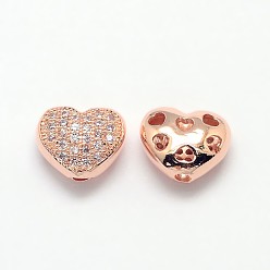 Real Rose Gold Plated Brass Micro Pave Cubic Zirconia Hollow Beads, Cadmium Free & Nickel Free & Lead Free, Heart, Real Rose Gold Plated, 8x9x5mm, Hole: 1mm