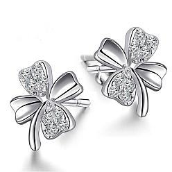 Crystal Real Platinum Plated Brass Four Leaf Clover Stud Earrings, with Rhinestone, Crystal, 8x8mm