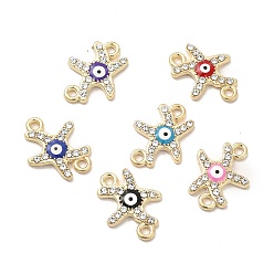 Golden Evil Eye Alloy Enamel Connector Charms, Starfish Links with Crystal Rhinestone, Golden, 18x13x2.5mm, Hole: 1.5mm