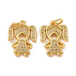 Clear Brass Micro Pave Cubic Zirconia Charms, with Jump Ring, Real 18K Gold Plated, Girl, Clear, 15.5x11x2mm, Jump Ring: 5x0.8mm, Inner Diameter: 3.2mm
