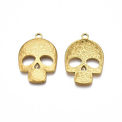 Real 18K Gold Plated Ion Plating(IP) 201 Stainless Steel Pendants, Skull, Real 18K Gold Plated, 30x21.5x3mm, Hole: 2mm