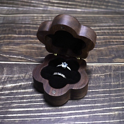 Coconut Brown Flower Wood Wedding Ring Storage Boxes with Velvet Inside, Wooden Couple Ring Gift Case with Magnetic Clasps, Coconut Brown, 7x3.6cm