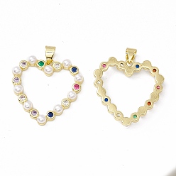 Real 18K Gold Plated Rack Plating Brass Micro Pave Colorful Cubic Zirconia Pendants, with Acrylic Bead, Long-Lasting Plated, Cadmium Free & Lead Free, Heart, Real 18K Gold Plated, 24.5x24.5x4mm, Hole: 4x3mm