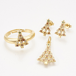Oro Colgantes de latón circonita cúbica y aretes y anillos ajustables conjuntos de joyas, árboles de navidad, dorado, 20.5x13.5x1.5 mm, agujero: 3 mm, 13.5x9 mm, pin: 0.7 mm, tamaño 8, 18 mm