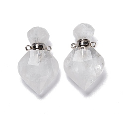 Quartz Crystal Natural Quartz Crystal Perfume Bottle Pendants, Rock Crystal, with Platinum Brass Findings, Faceted, Rhombus, 27mm, Hole: 1.4mm