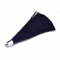 Prussian Blue Fiber Tassel Big Pendant Decorations, with Platinum Plated Brass Finding, Prussian Blue, 70~73x7~25mm, Hole: 1.8mm
