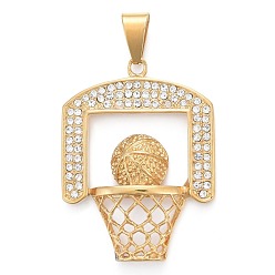 Oro 304 de acero inoxidable colgantes grandes, con diamantes de imitación de cristal, soporte de baloncesto, dorado, 52x39.5x8 mm, agujero: 6.5x12 mm