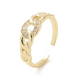 Oro Anillo de puño abierto con forma de cadenas de bordillo de circonita cúbica transparente, joyas de latón para mujer, dorado, diámetro interior: 16 mm