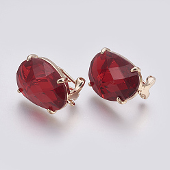 Dark Red Faceted Glass Stud Earring Findings, with Loop, Light Gold Plated Brass Findings, Oval, Dark Red, 20x15.5x6~6.5mm, Hole: 1.2mm, Pin: 0.7mm