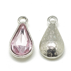 Pearl Pink Alloy Glass Pendants, Faceted, teardrop, Platinum, Pearl Pink, 18x10x5mm, Hole: 2mm