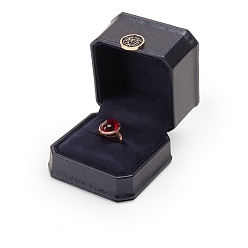 Midnight Blue Flower PU Leather Octagonal Ring Jewelry Box, Finger Ring Storage Gift Case, with Velvet Inside, for Wedding, Engagement, Midnight Blue, 7.5x7.5x6.2cm
