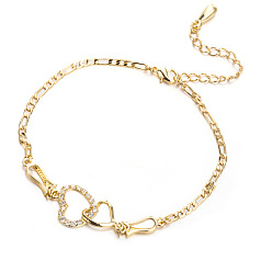 Real 18K Gold Plated Brass Cubic Zirconia Link Chain Bracelets, with Lobster Claw Clasps, Heart to Heart, Clear, Real 18K Gold Plated, 9-7/8 inch(25cm)