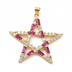 Medium Violet Red Rack Plating Brass Micro Pave Cubic Zirconia Pendants, Real 18K Gold Plated, Long-Lasting Plated, Lead Free & Cadmium Free, Star, Medium Violet Red, 34x34x3mm, Hole: 4x4mm
