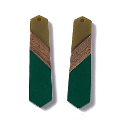 Dark Green Opaque Resin & Walnut Wood Pendants, Hexagon Charms, Dark Green, 49x12x3.5mm, Hole: 2mm
