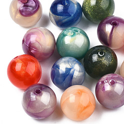 Couleur Mélangete Perles acryliques opaques, Couleur de deux tons, avec de la poudre de paillettes, ronde, couleur mixte, 15.5x15mm, Trou: 2mm, environ210 pcs / 500 g