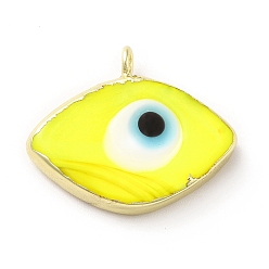 Yellow Handmade Lampwork Pendants, with Rack Plating Brass Findings, Long-Lasting Plated, Evil Eye, Yellow, 17~18x21~22x4~4.5mm, Hole: 2mm