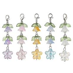 Mixed Color Transparent Acrylic & Glass Flower Pendant Decoration, with Zinc Alloy Lobster Claw Clasps, Mixed Color, 64mm