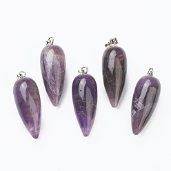 Amethyst Natural Amethyst Pointed Pendants, with Platinum Brass Findings, Bullet, 32~33x12mm, Hole: 2.5x6mm
