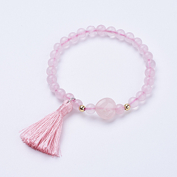Rose Quartz Tassel Charm Bracelets, with Natural Rose Quartz Beads, Round, 2 inch(52mm)