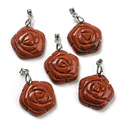 Red Jasper Natural Red Jasper Carved Pendants, Flower Charms with Rack Plating Platinum Plated Brass Pinch Bails, 30x22.5x7.5mm, Hole: 4.5x4mm