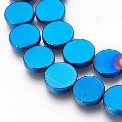 Blue Plated Electroplated Non-magnetic Synthetic Hematite Beads Strands, Polish, Flat Round, Blue Plated, 10x2mm, Hole: 0.8mm, about 41pcs/strand, 15.94 inch(40.5cm)