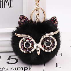 Black Pom Pom Ball Keychain, with KC Gold Tone Plated Alloy Lobster Claw Clasps, Iron Key Ring and Chain, Owl, Black, 12cm