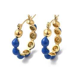 Bleu Royal Boucles d'oreilles créoles en perles d'émail, véritable 14k plaqué or 304 bijoux en acier inoxydable pour femmes, bleu royal, 26x23x5mm, pin: 0.6 mm