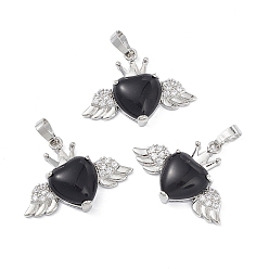 Obsidienne Pendentifs en obsidienne naturelles, breloques coeur avec ailes et couronne, avec strass en cristal de laiton ton platine, 26x35.5x8mm, Trou: 8x5mm