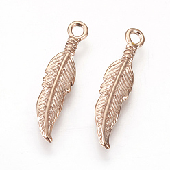 Rose Gold 304 Stainless Steel Pendants, Feather, Rose Gold, 25.5x6x2.5mm, Hole: 2mm