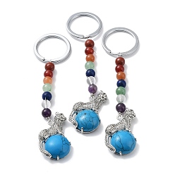 Synthetic Turquoise Synthetic Blue Turquoise & Brass Cheetah Keychain, with 7 Chakra Gemstone Bead and Iron Rings, Lead Free & Cadmium Free, 10.3cm