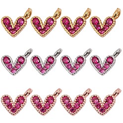 Mixed Color 12Pcs 3 Colors Brass Micro Pave Cubic Zirconia Charms, Long-Lasting Plated, Lead Free & Nickel Free & Cadmium Free, Heart, Hot Pink, Mixed Color, 9.5x6.5x2mm, Hole: 1mm, 4pcs/color