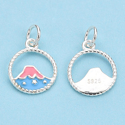 Light Sky Blue 925 Sterling Silver Enamel Charms, with Jump Ring, Volcano, Light Sky Blue, 13x11x1mm, Hole: 3mm