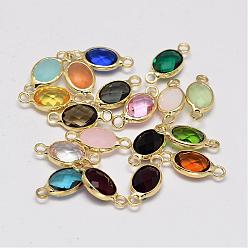 Mixed Color Oval Faceted Golden Brass Glass Links connectors, Mixed Color, 15x7x3.2mm, Hole: 1mm