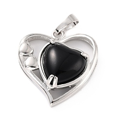 Obsidienne Pendentifs en obsidienne naturelles, avec les accessoires en laiton de tonalité de platine, sans cadmium et sans plomb, cœur, Saint Valentin, 28x26x5mm, Trou: 8x5mm