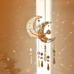 Rose Quartz Natural Rose Quartz Chip & Brass Moon Hanging Suncatcher Pendant Decoration, Crystal AB Cone Glass Prism Pendants, 320x85mm