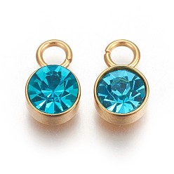 Blue Zircon Glass Rhinestone Charms, December Birthstone Charms, with Golden Tone 201 Stainless Steel Findings, Flat Round, Blue Zircon, 10x6x4mm, Hole: 2.3mm