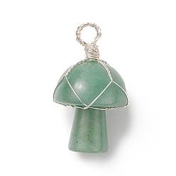 Green Aventurine Natural Green Aventurine Pendants, Silver Plated Copper Wire Wrapped Mushroom Charms, 30~30.5x16.5~17.5mm, Hole: 4.5~5mm