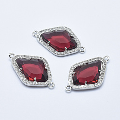 Dark Red Brass Micro Pave Cubic Zirconia Links, with Glass, Faceted, Rhombus, Platinum, Dark Red, 33x20x5mm, Hole: 1.6mm