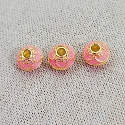 Pink Perlas de esmalte de bronce, dorado, rondelle con el patrón de corazón, rosa, 10 mm