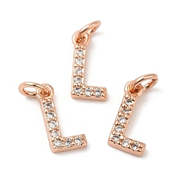 Real Rose Gold Plated Brass Micro Pave Grade AAA Cubic Zirconia Charms, Letter L, Cadmium Free & Nickel Free & Lead Free, Real Rose Gold Plated, 9x5x1.5mm, Hole: 2mm