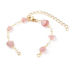 Quartz Fraise Fabrication de bracelet de perles de quartz fraises naturelles pépites, avec des chaînes en laiton et des pinces à homard en acier inoxydable 304, or, 6-1/8 pouce (15.5 cm)