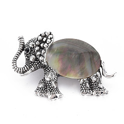 Gray Elephant Alloy Rhinestone Brooch, Natural Black Lip Shell Lapel Pin with Loop for Backpack Clothes Pendant Jewelry, Cadmium Free & Lead Free, Antique Silver, Gray, 29x46x14mm, Hole: 7x4mm, Pin: 0.7mm
