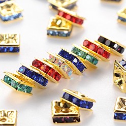 Mixed Color Brass Rhinestone Spacer Beads, Grade A, Golden Metal Color, Square, Mixed Color, 6x6x3mm, Hole: 1mm