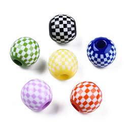 Mixed Color Opaque Resin European Beads, Large Hole Beads, Round with Tartan Pattern, Mixed Color, 19.5x18mm, Hole: 6mm