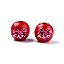 Cœur Perles en bois imprimées sur le thème de la saint valentin, ronde, rouge, motif de coeur, 15.5~16x15mm, Trou: 3.5mm