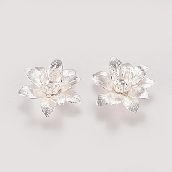 Silver 3D Brass Bead Caps, Flower, Multi-Petal, Silver Color Plated, Tray: 5mm, 16x6.5mm, Hole: 0.8mm