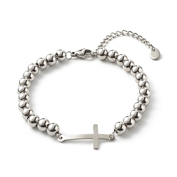 Stainless Steel Color Cross Link Bracelets for Men Women, with 202 Stainless Steel Ball Chains, Stainless Steel Color, 7-1/8 inch(18.1cm)