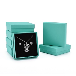 Medium Turquoise Cardboard Gift Box Jewelry Set Boxes, for Necklace, Earrings, with Black Sponge Inside, Square, Medium Turquoise, 9.1x9.2x2.9cm